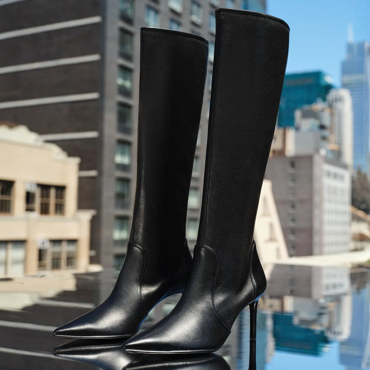 Stuart Power Knee-High Boot 75 - Black Stretch Leather