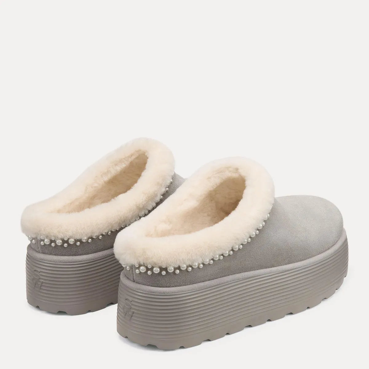 Nellie Pearl Flatform Mule - Gray Suede & Cream Shearling