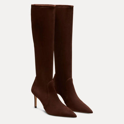 Stuart Power Wide-Calf Knee-High Boot 75 - Walnut Stretch Suede