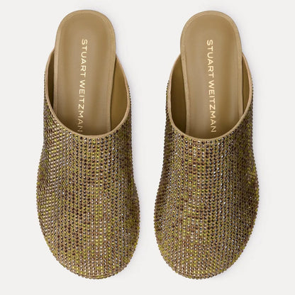 Talia Shine Flat Mule - Golden Olive Crystals & Suede