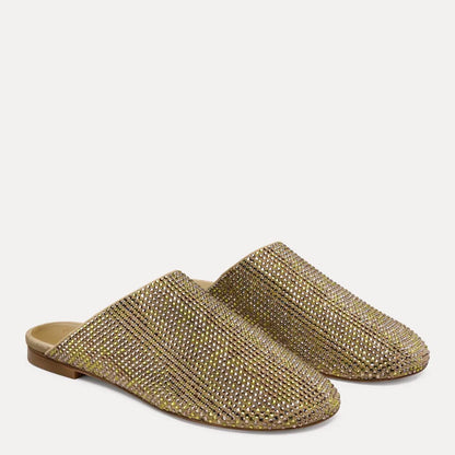 Talia Shine Flat Mule - Golden Olive Crystals & Suede