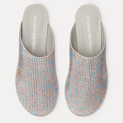 Talia Shine Flat Mule - Light Gray Crystals & Suede