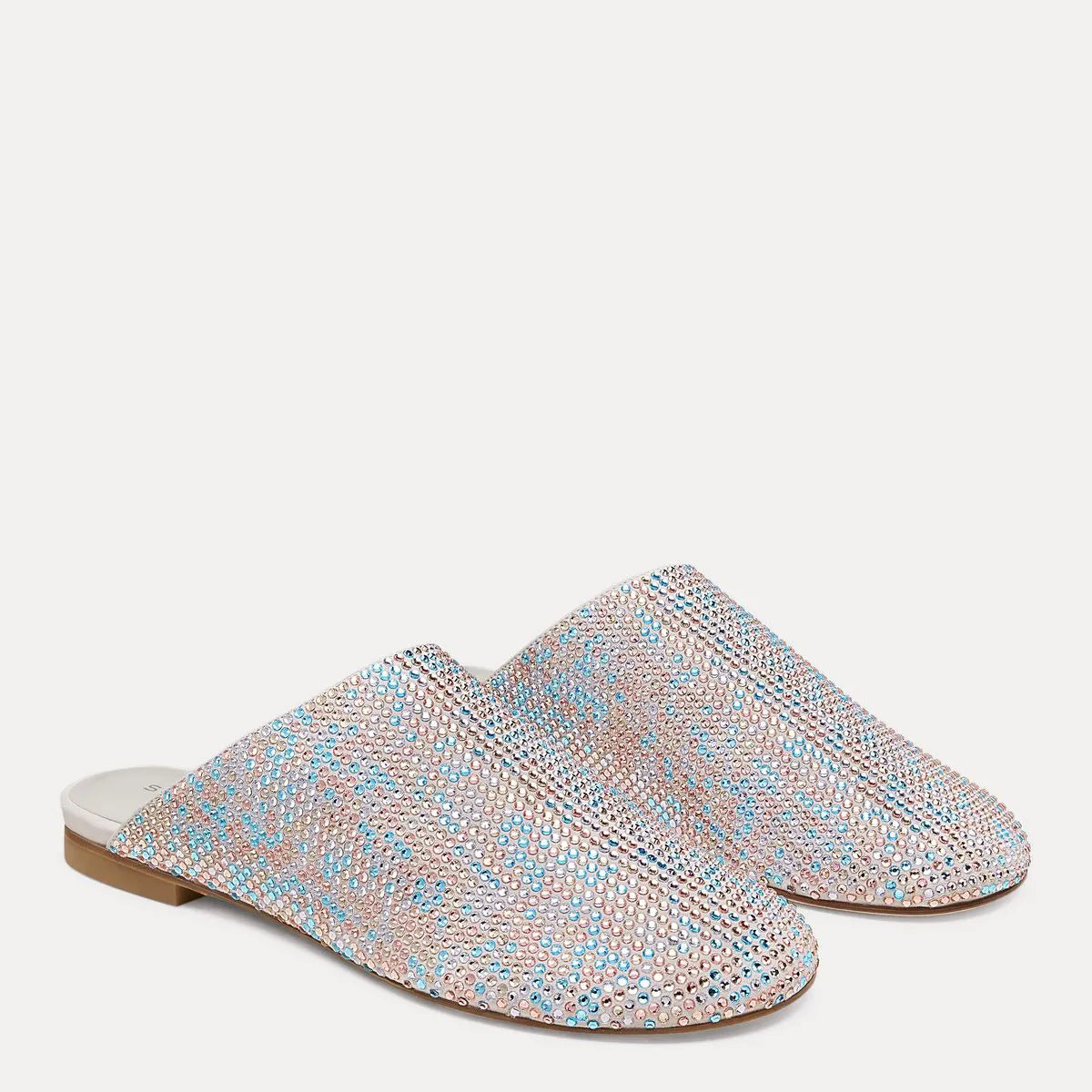 Talia Shine Flat Mule - Light Gray Crystals & Suede