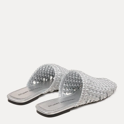 Marina Woven Flat Mule - Silver Leather