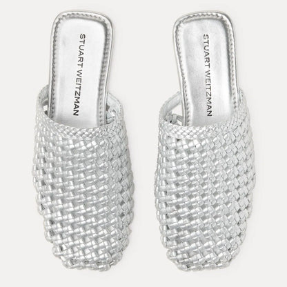 Marina Woven Flat Mule - Silver Leather
