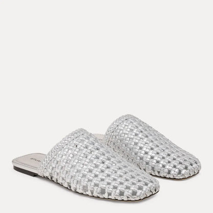 Marina Woven Flat Mule - Silver Leather