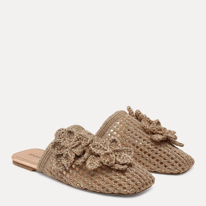 Lotus Flat Mule - Light Gold Crochet & Leather