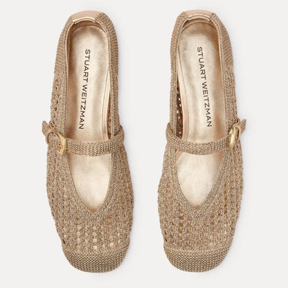Leora Woven Mary Jane Flat - Light Gold Crochet & Leather
