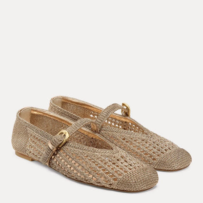 Leora Woven Mary Jane Flat - Light Gold Crochet & Leather