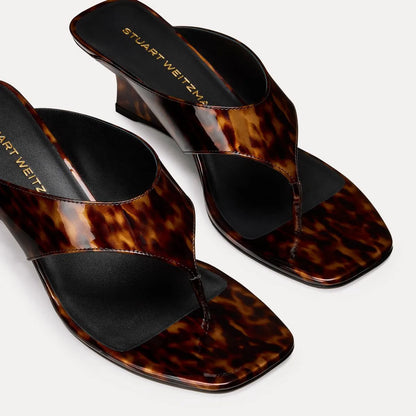 Vinnie Wedge Thong Sandal 50 - Brown Tortoise-Print Leather