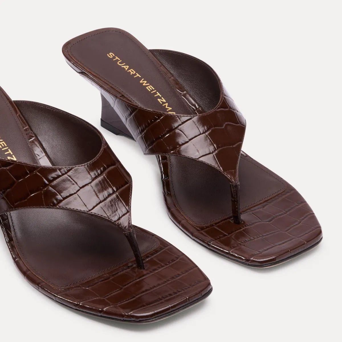Vinnie Wedge Thong Sandal 50 - Walnut Croco-Print Leather