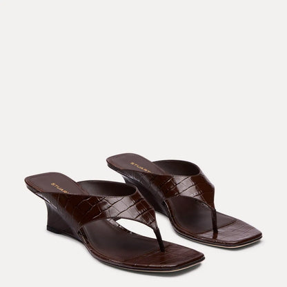 Vinnie Wedge Thong Sandal 50 - Walnut Croco-Print Leather