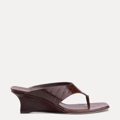 Vinnie Wedge Thong Sandal 50 - Walnut Croco-Print Leather