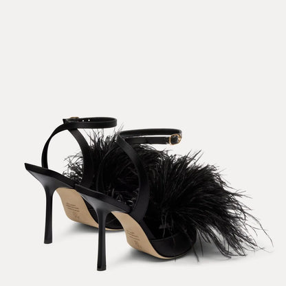 Boa Sandal 100 - Black Satin & Feathers