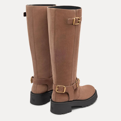 Ren Knee-High Moto Boot - Cigar Suede