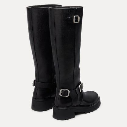 Ren Knee-High Moto Boot - Black Leather
