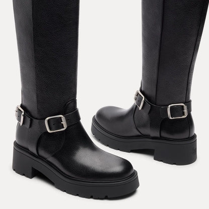 Ren Knee-High Moto Boot - Black Leather