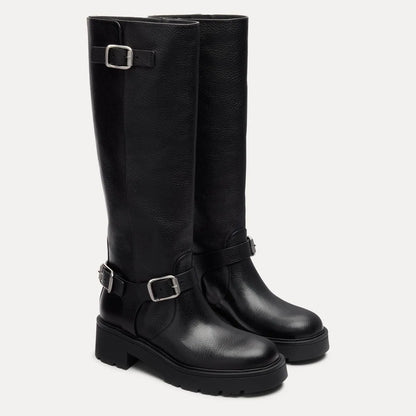 Ren Knee-High Moto Boot - Black Leather