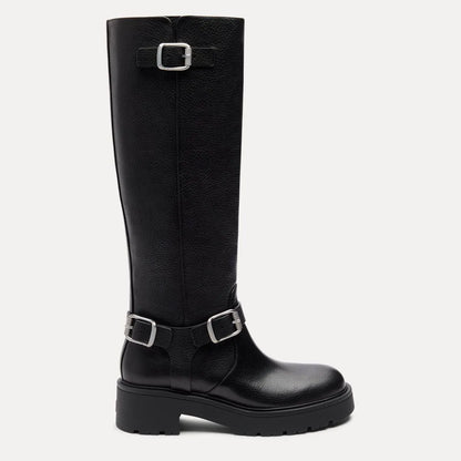 Ren Knee-High Moto Boot - Black Leather