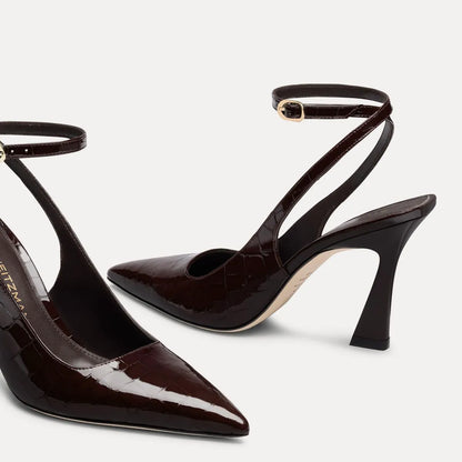 Vinnie Ankle-Strap Pump 85 - Espresso Croco-Print Patent