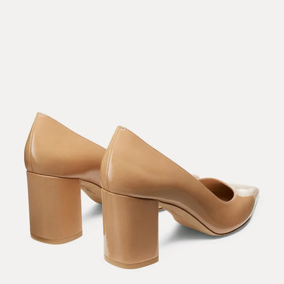 Stuart Power Block-Heel Pump 75 - Adobe Beige Patent Leather