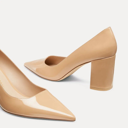 Stuart Power Block-Heel Pump 75 - Adobe Beige Patent Leather
