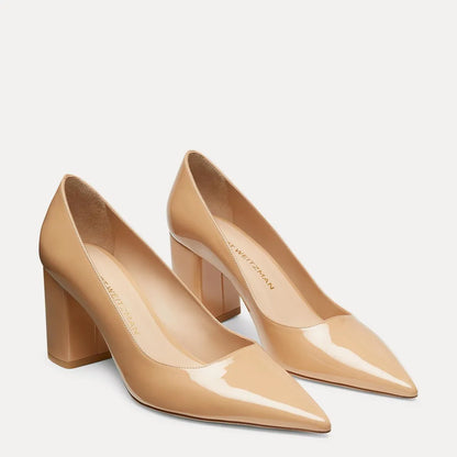 Stuart Power Block-Heel Pump 75 - Adobe Beige Patent Leather