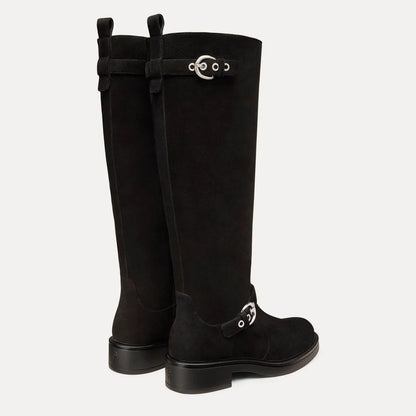 Chrystie Knee-High Moto Boot - Black Suede