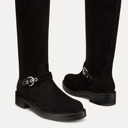 Chrystie Knee-High Moto Boot - Black Suede