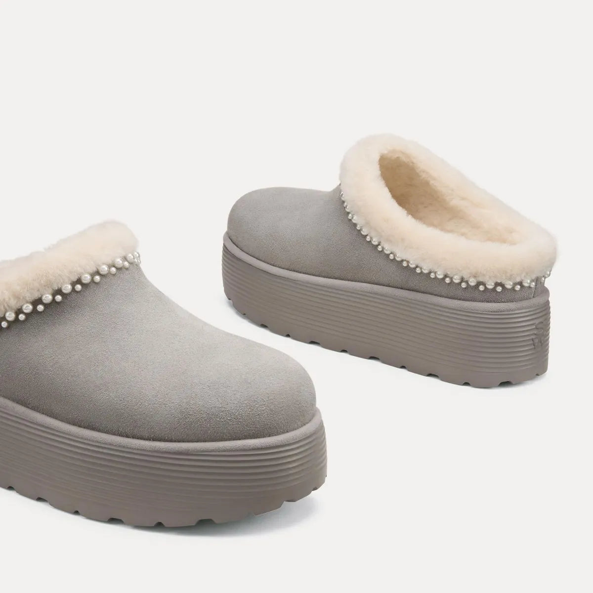 Nellie Pearl Flatform Mule - Gray Suede & Cream Shearling