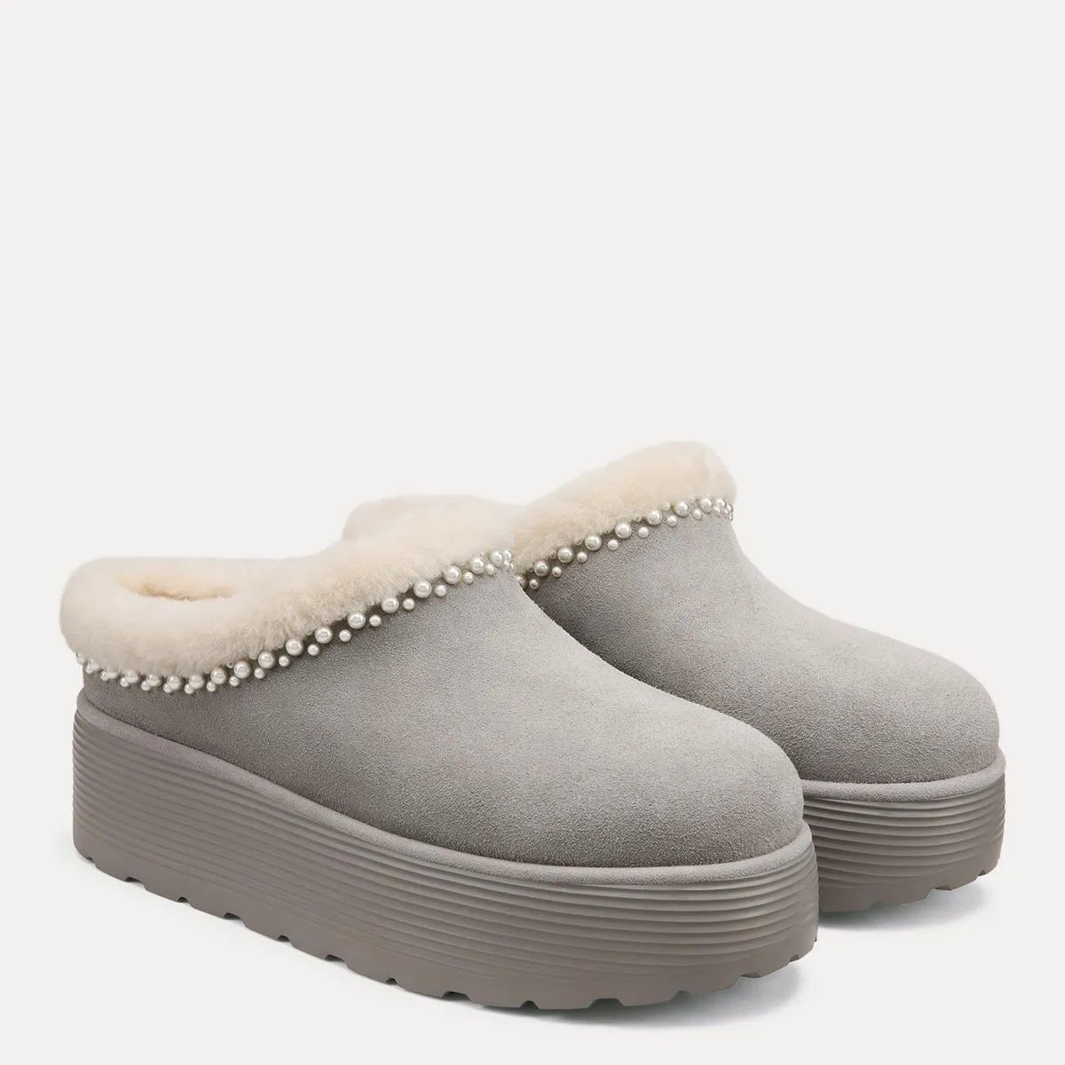 Nellie Pearl Flatform Mule - Gray Suede & Cream Shearling
