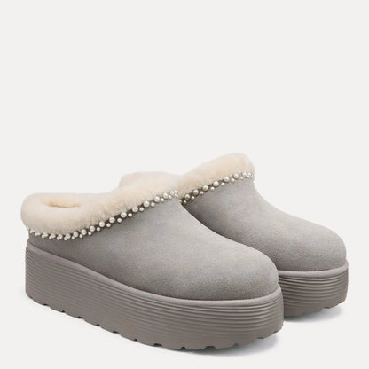 Nellie Pearl Flatform Mule - Gray Suede & Cream Shearling