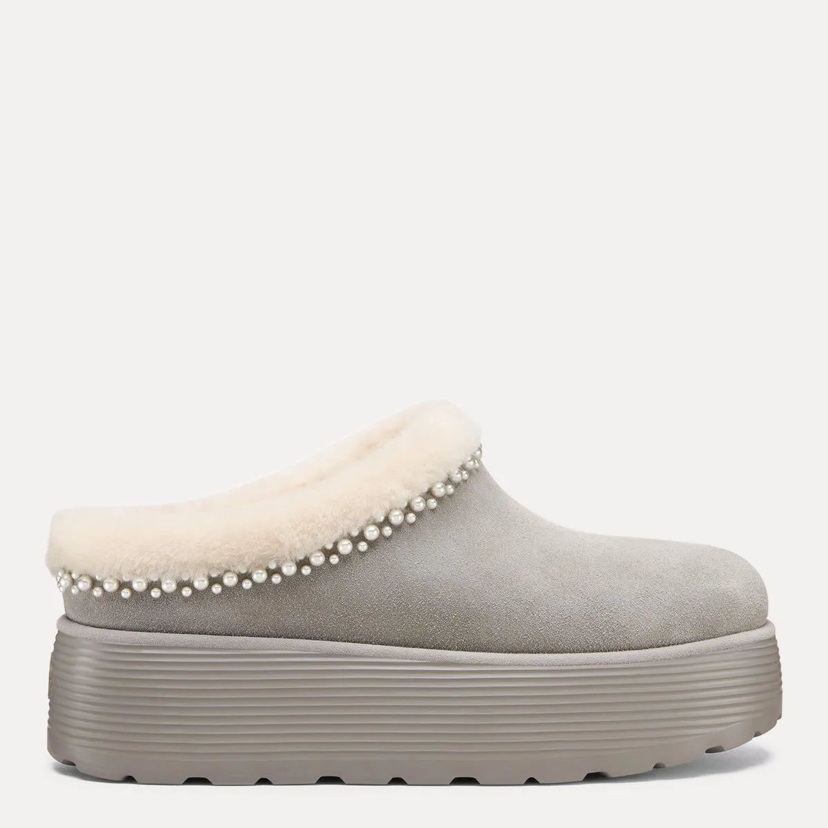 Nellie Pearl Flatform Mule - Gray Suede & Cream Shearling
