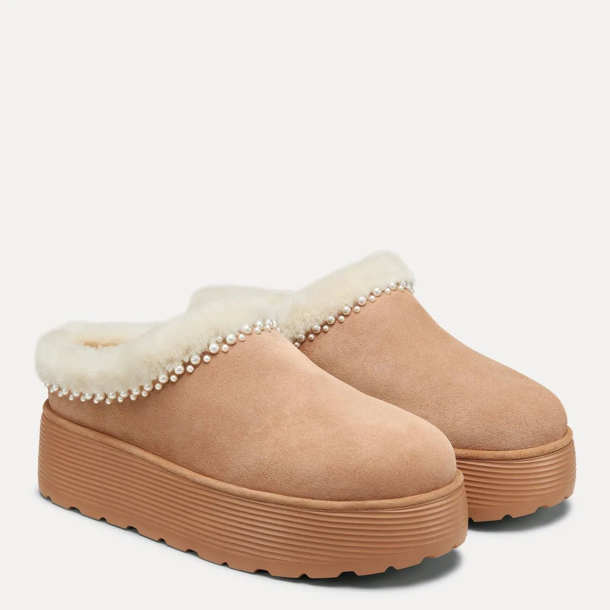 Nellie Pearl Flatform Mule - Camel Suede & Cream Shearling