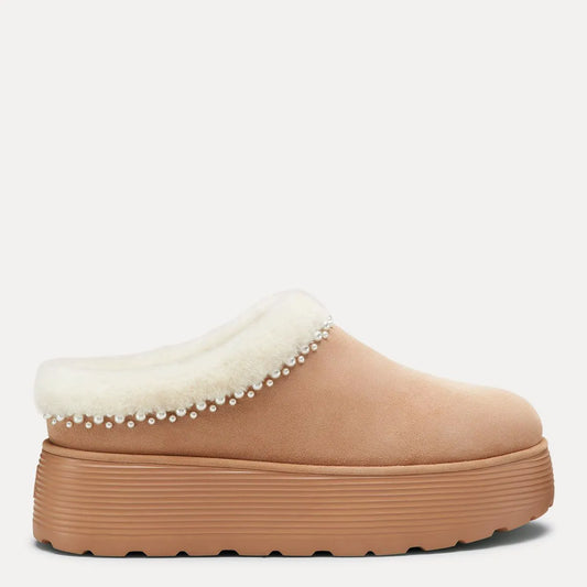 Nellie Pearl Flatform Mule - Camel Suede & Cream Shearling